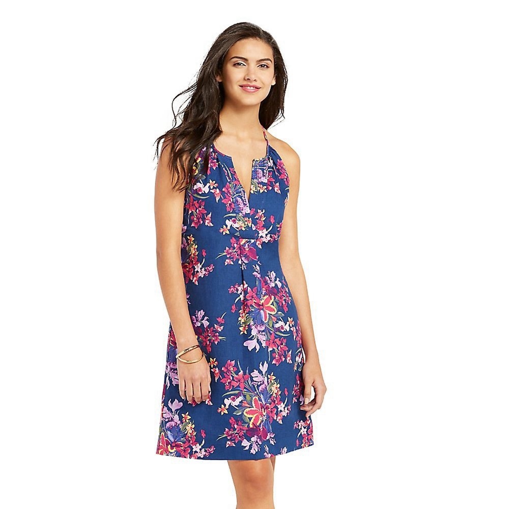 Tommy Bahama Navy Blue Floral Print Linen Shift Dress Split Neck Sleeveless sz S